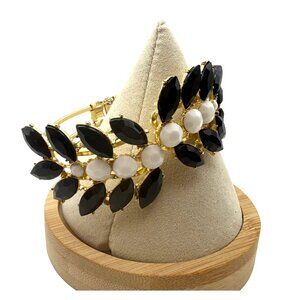 Vintage Black & White Marquise Stone Hinged Bangle Bracelet Gold Tone Statement